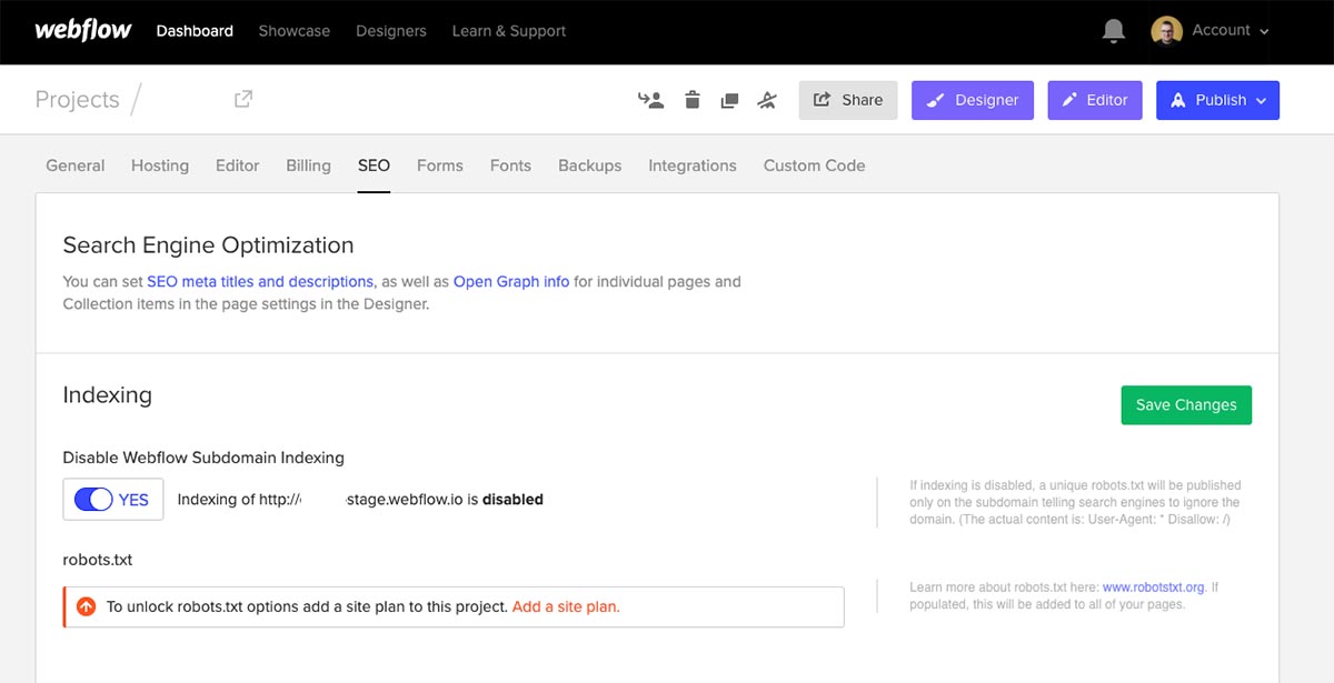 Screenshot of Webflow's button to Disable Subdomain Indexing