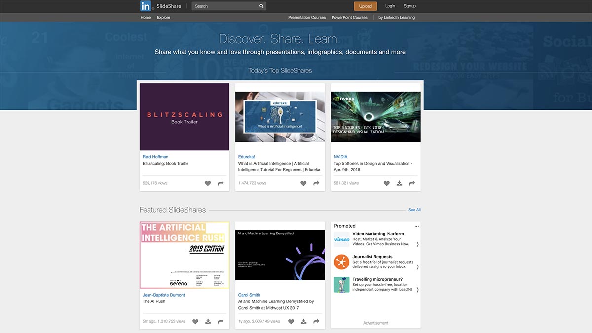 Screenshot of SlideShare's homepage