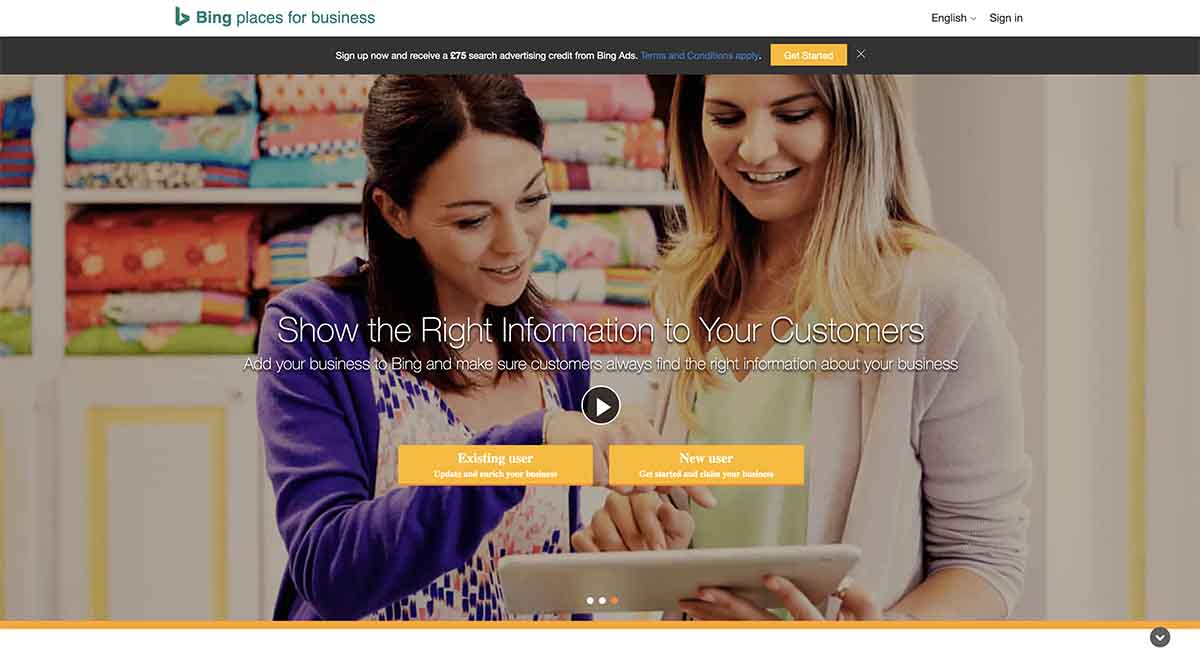 Screenshot of Bing Places' homepage