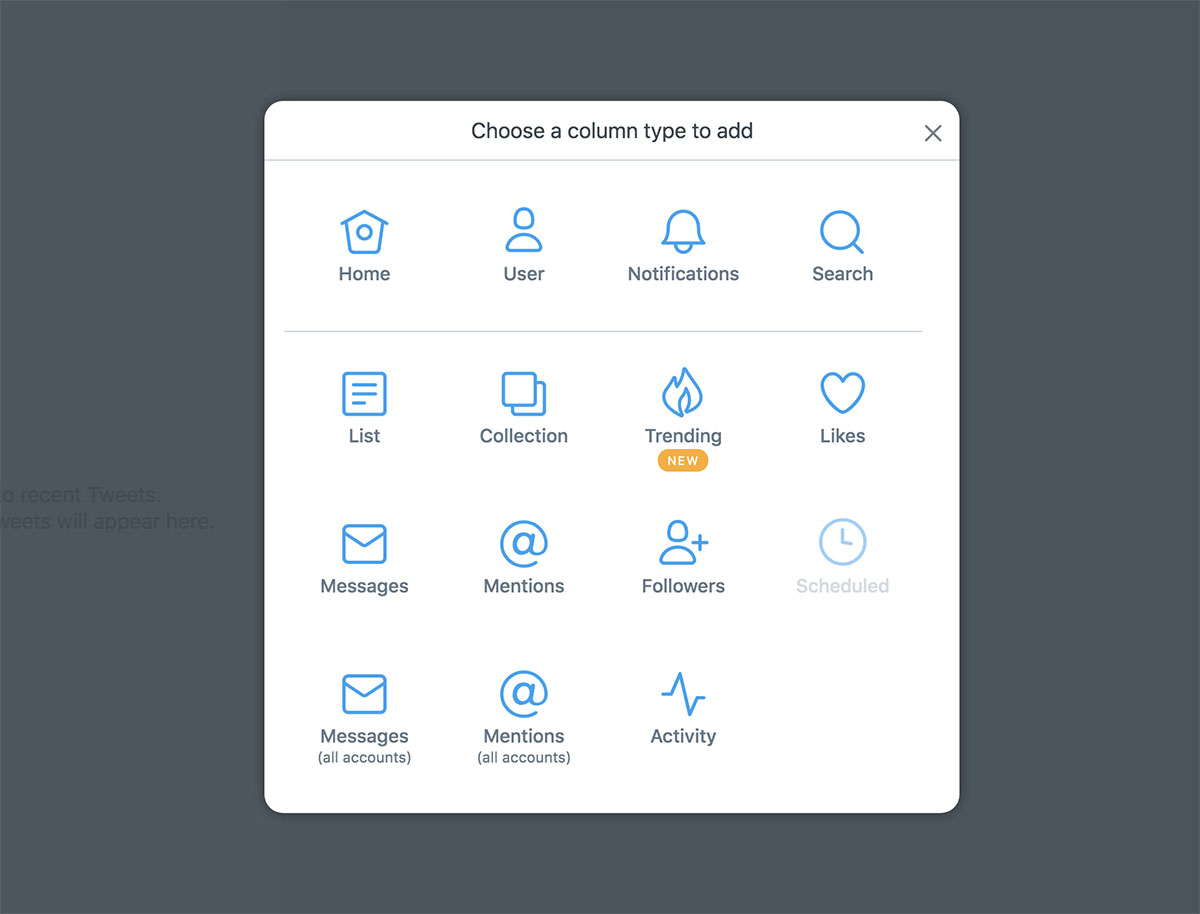 Screenshot of the different columns you can add in Tweetdeck