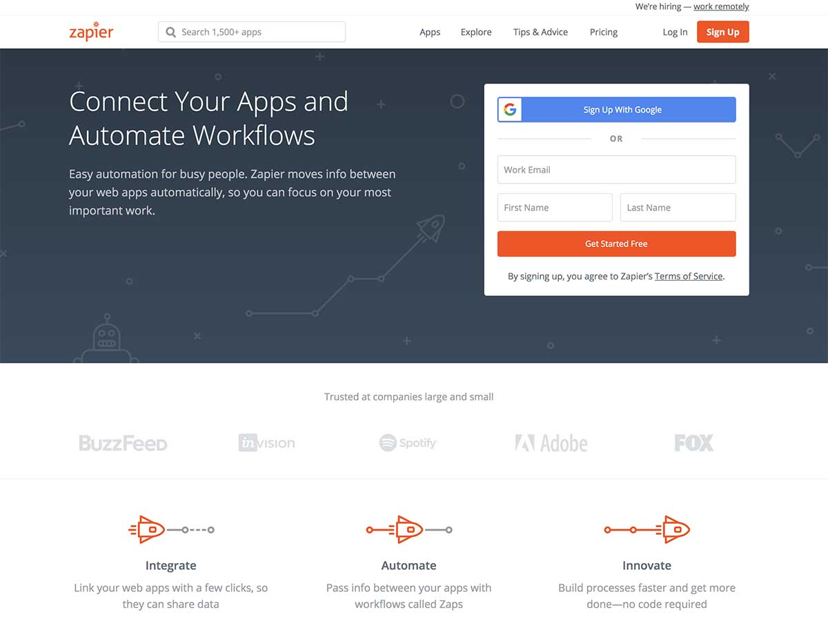 Screenshot of Zapier's homepage
