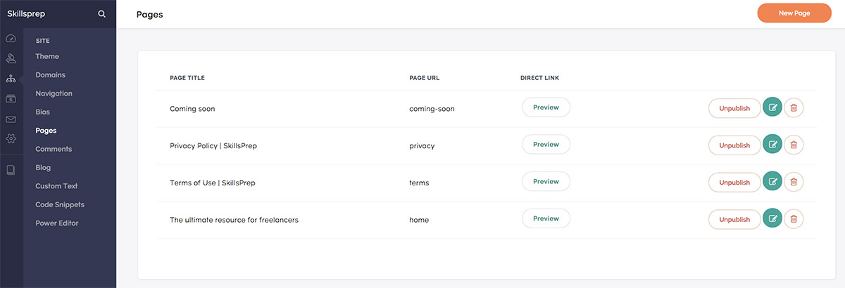 Screenshot of Teachable's Pages tab