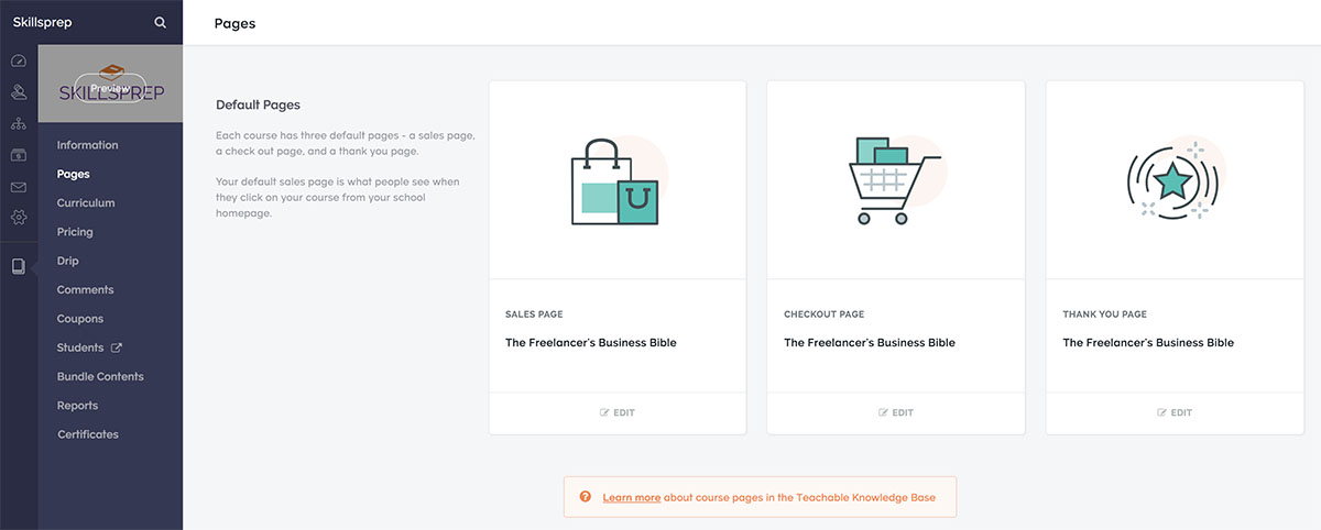 Screenshot of Teachable's Course Pages