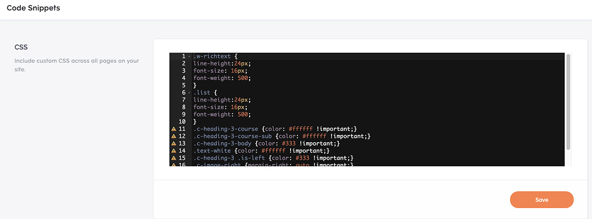 Screenshot of CSS box on Teachable