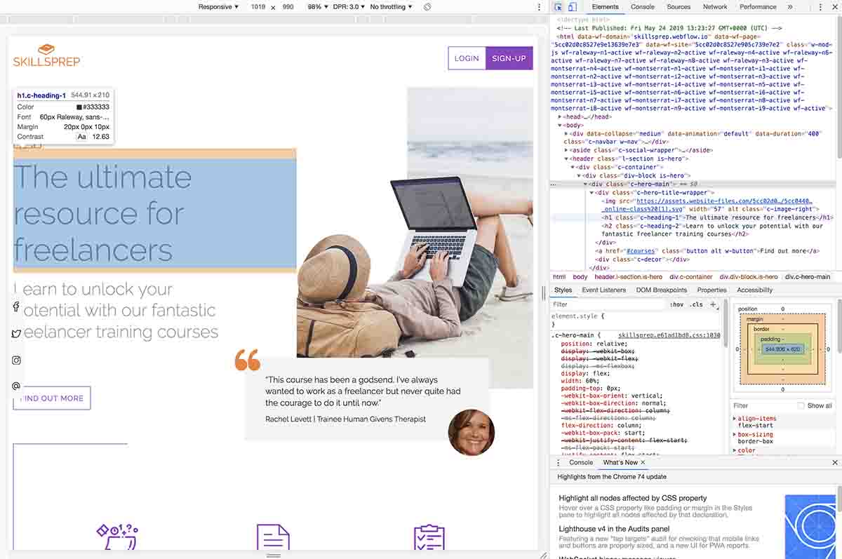 Screenshot of how to use the element selector tool in Inspect