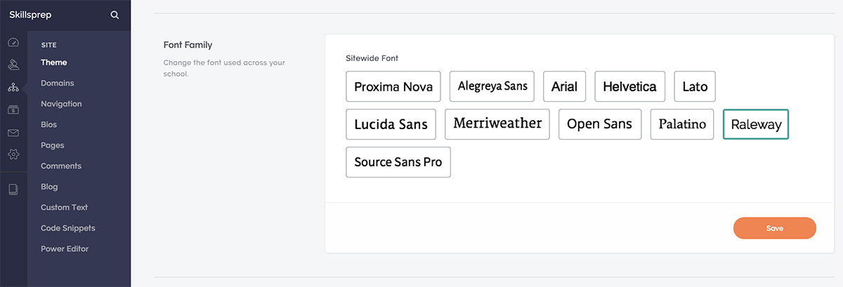 Screenshot of Teachable's selection of fonts