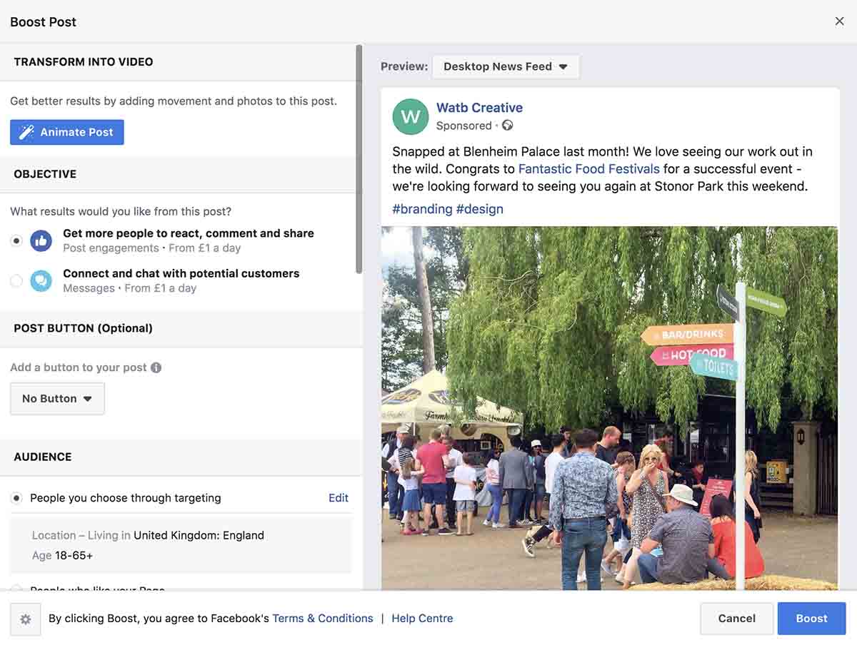 Screenshot of what happens when you boost a Facebook post