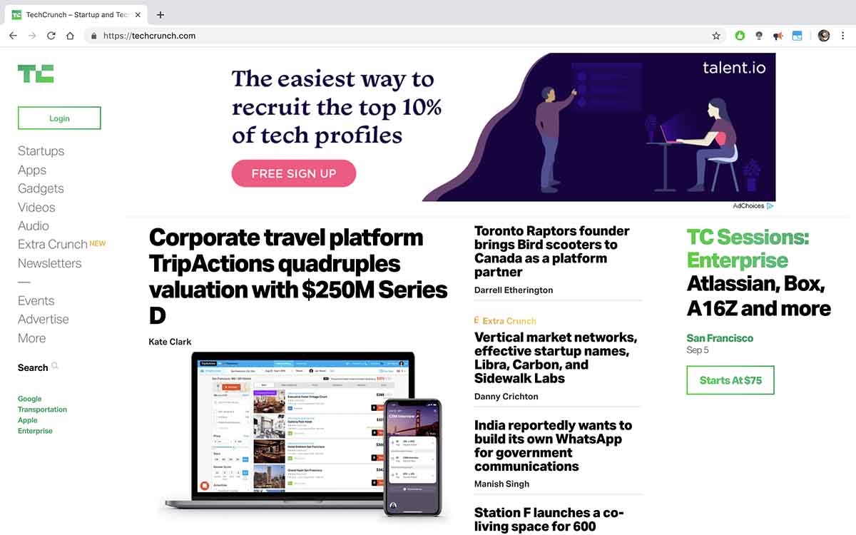 Example of a relevant ad on TechCrunch